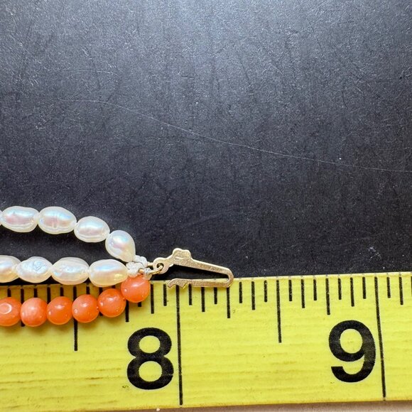 Vintage 14KY Gold Natural Coral & Biwa Pearl Multi Strand Bracelet 8" Length - Picture 8 of 8